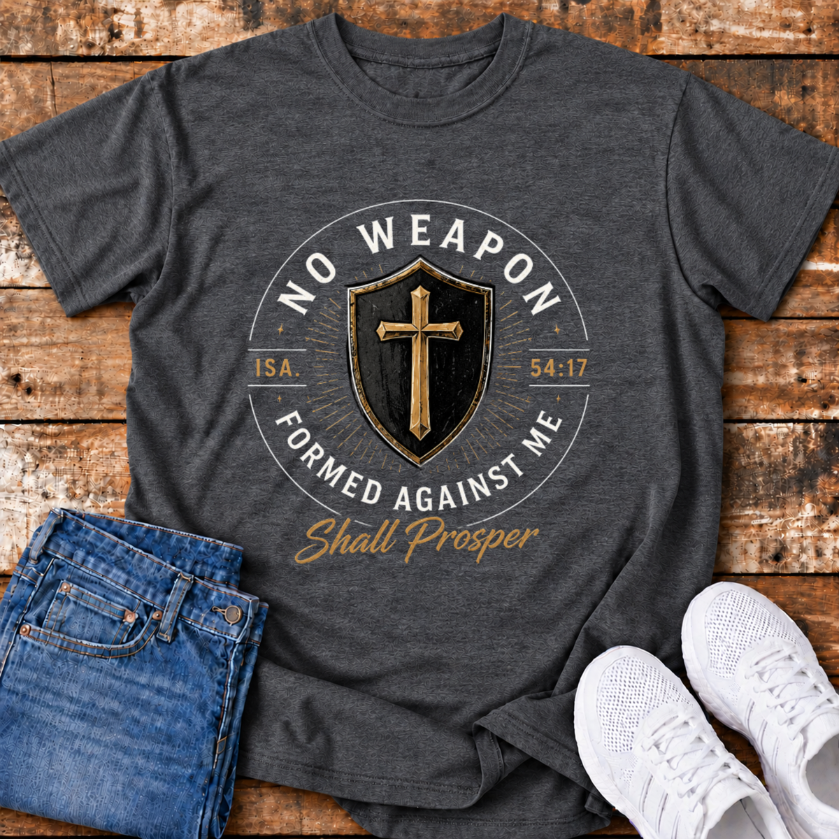 No Weapon Formed Against Me Shall Prosper T-Shirt - (Isaiah 54:17)