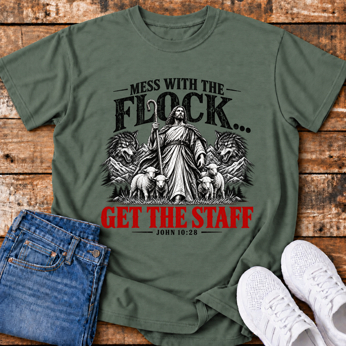 Mess with the Flock, Get the Staff T-Shirt - (John 10:28)
