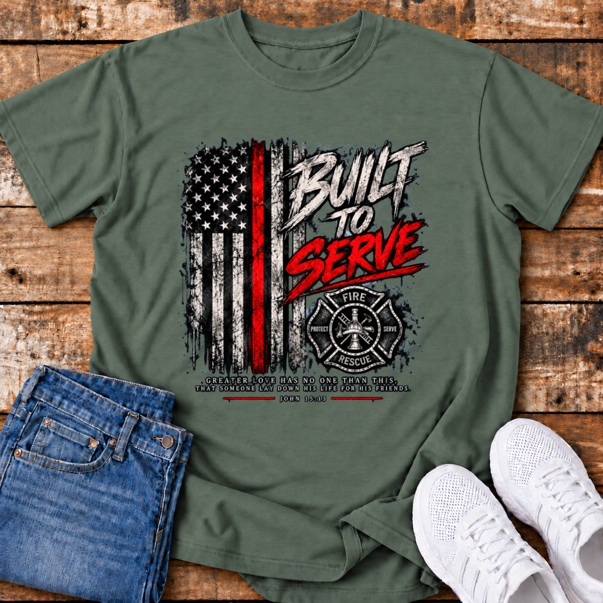 Built to Serve Firefighter T-Shirt - (John 15:13)