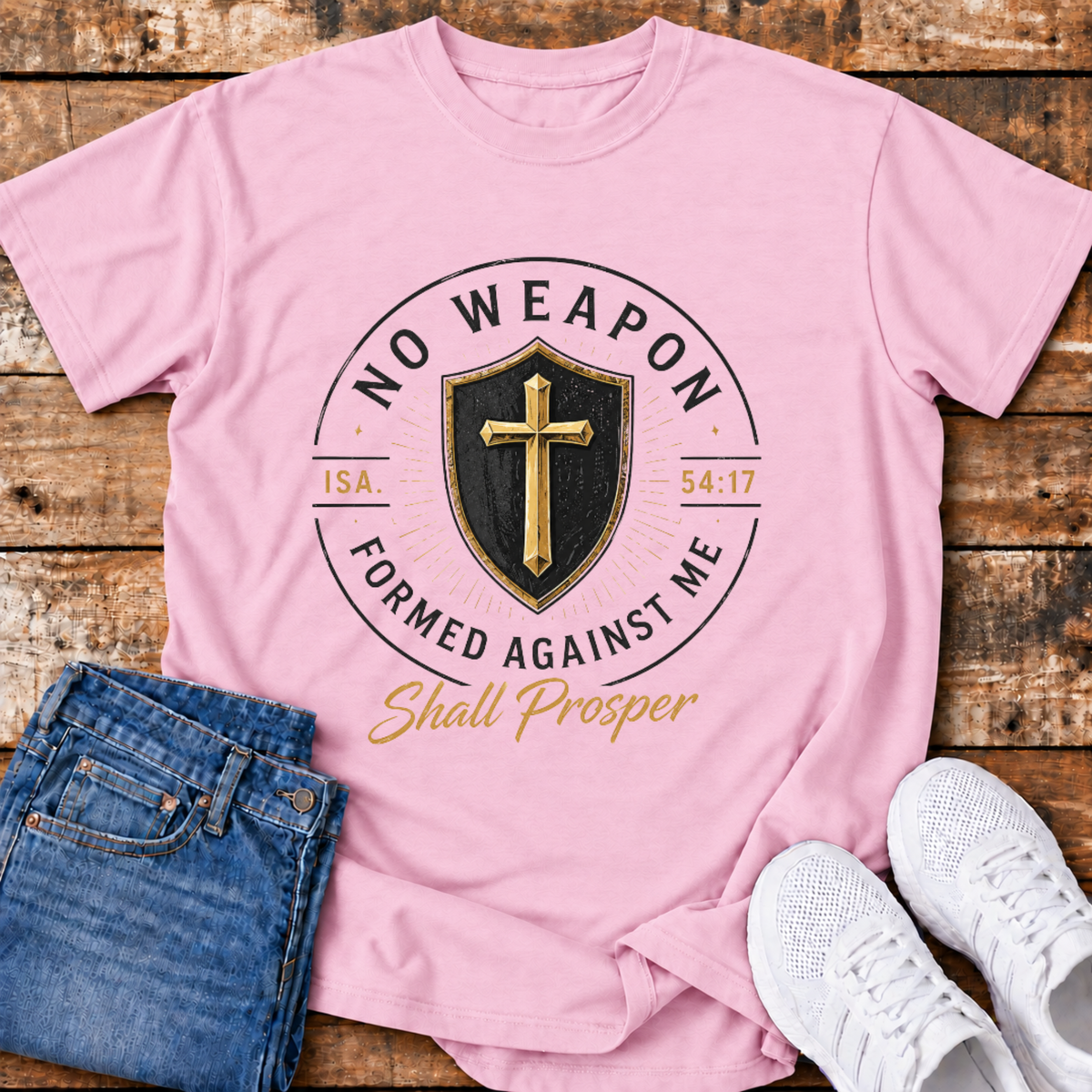 No Weapon Formed Against Me Shall Prosper T-Shirt - (Isaiah 54:17)