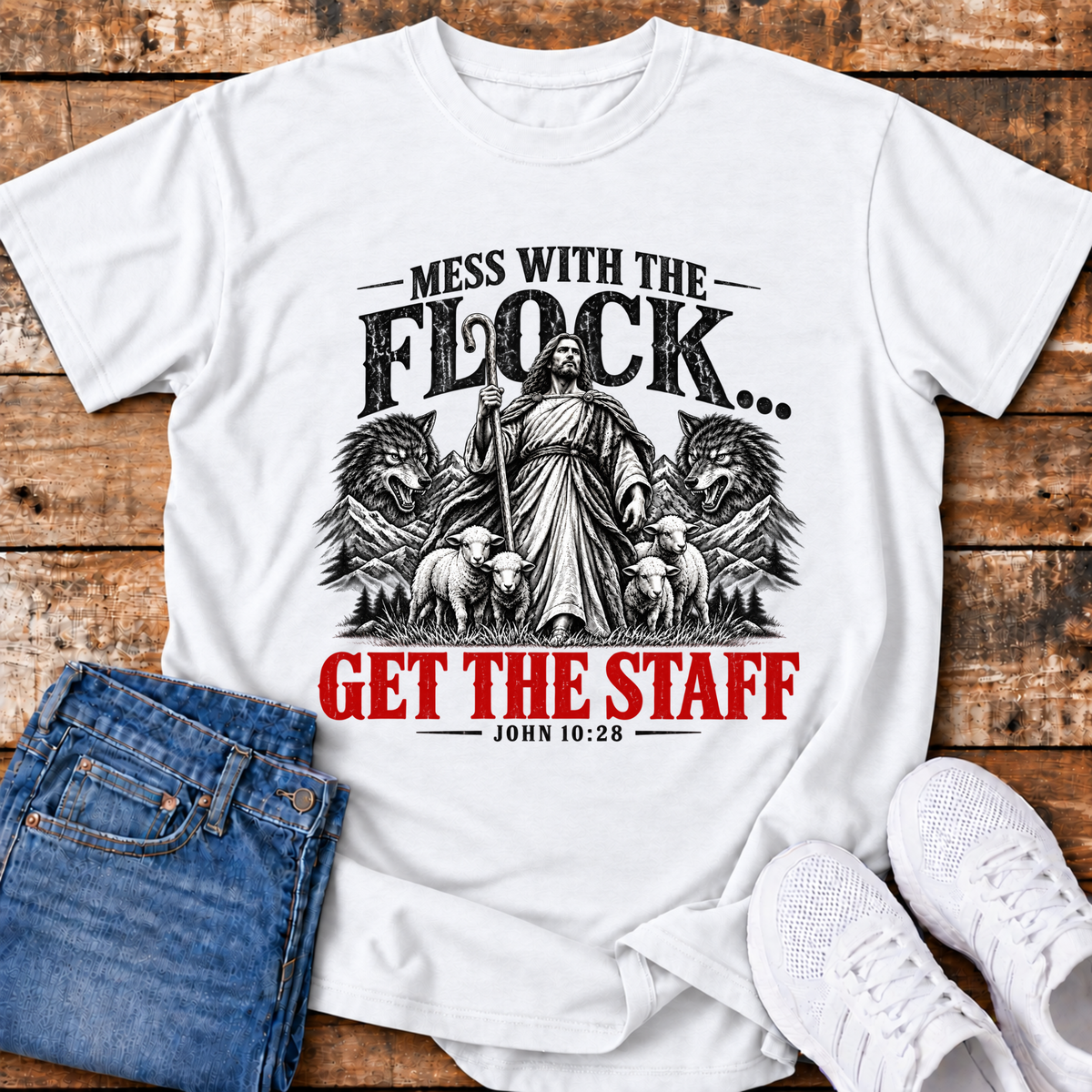 Mess with the Flock, Get the Staff T-Shirt - (John 10:28)